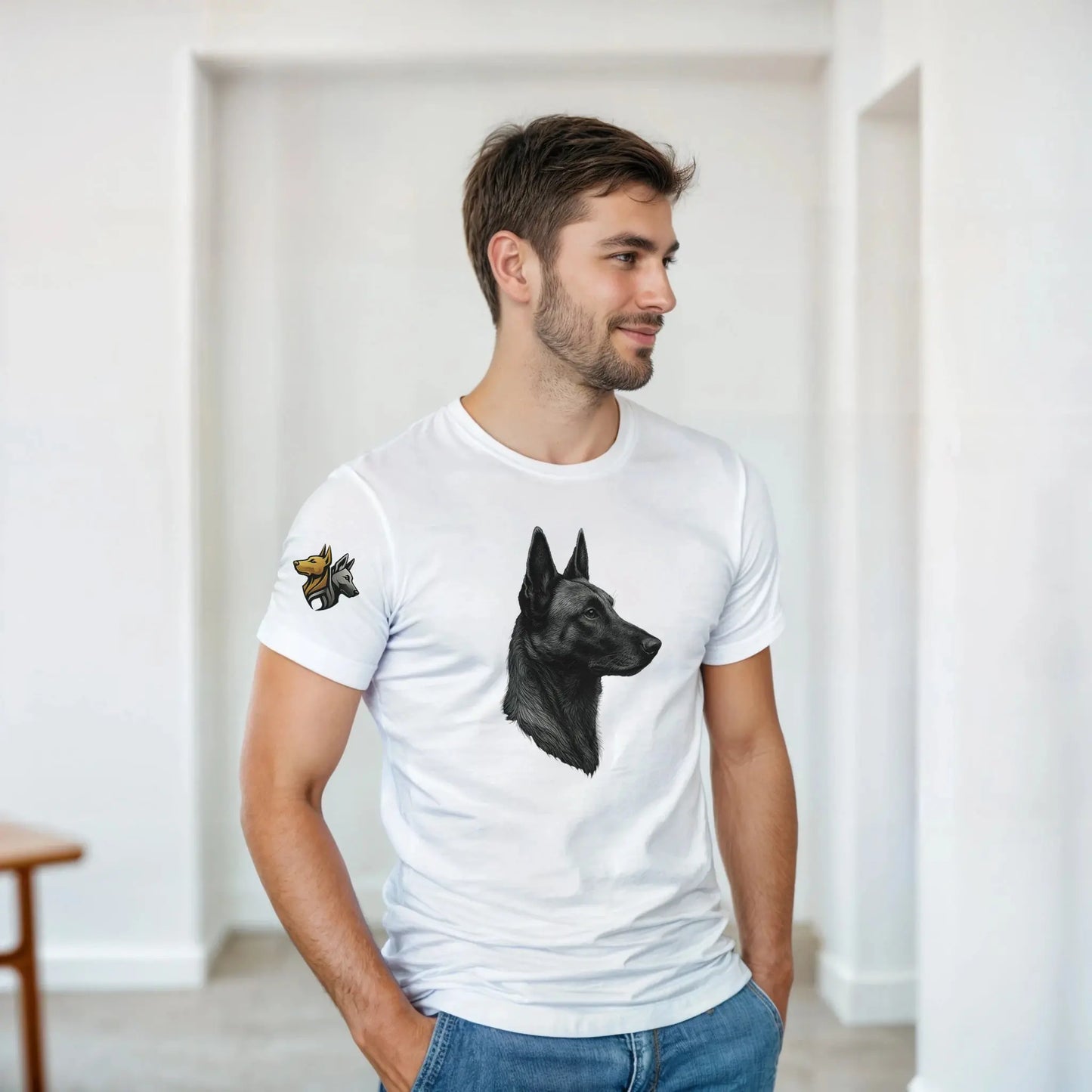 T-shirt adulte unisexe épais ras du cou blanc tête profil Malinois argentée