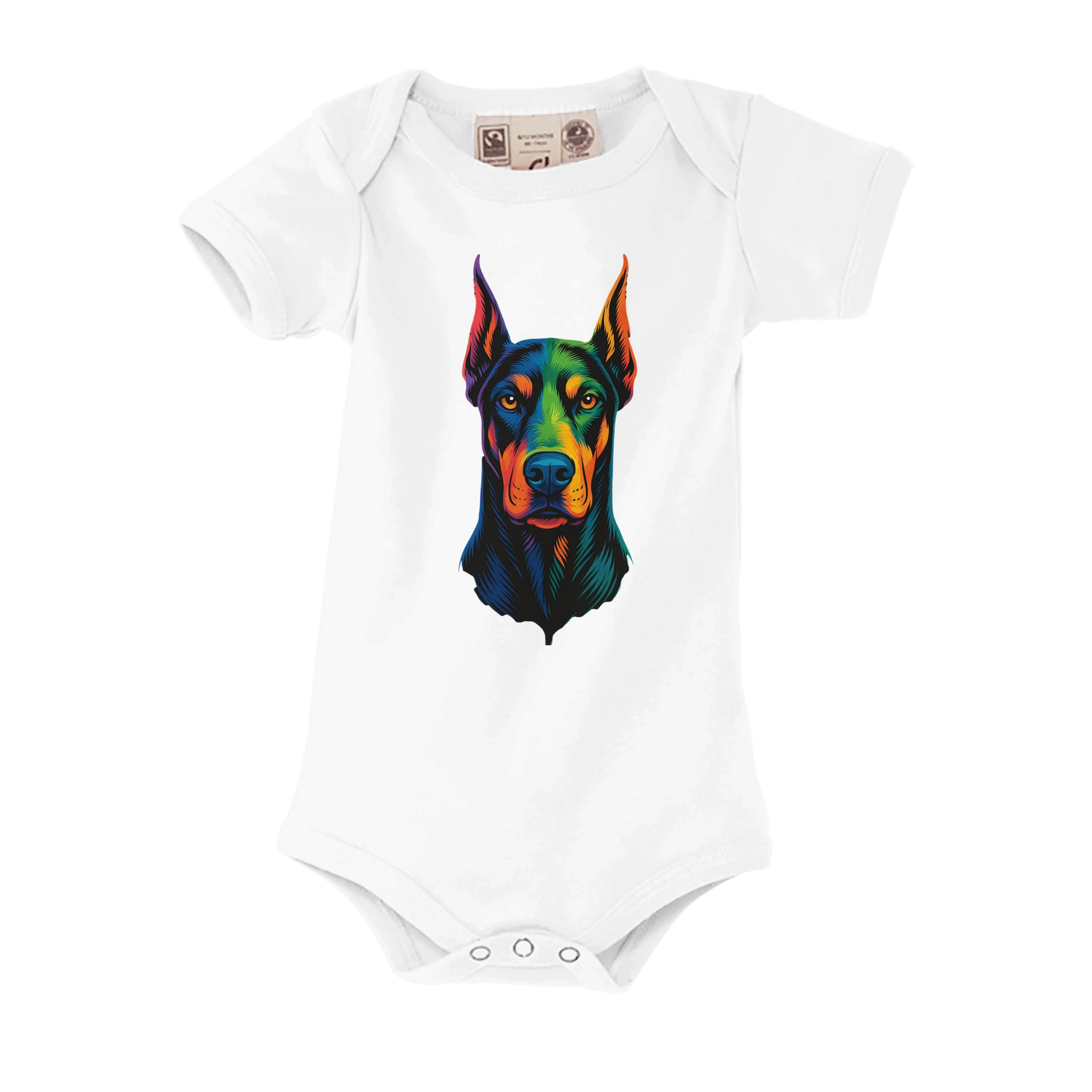 Body bébé blanc coton bio manches courtes Dobermann arc en ciel