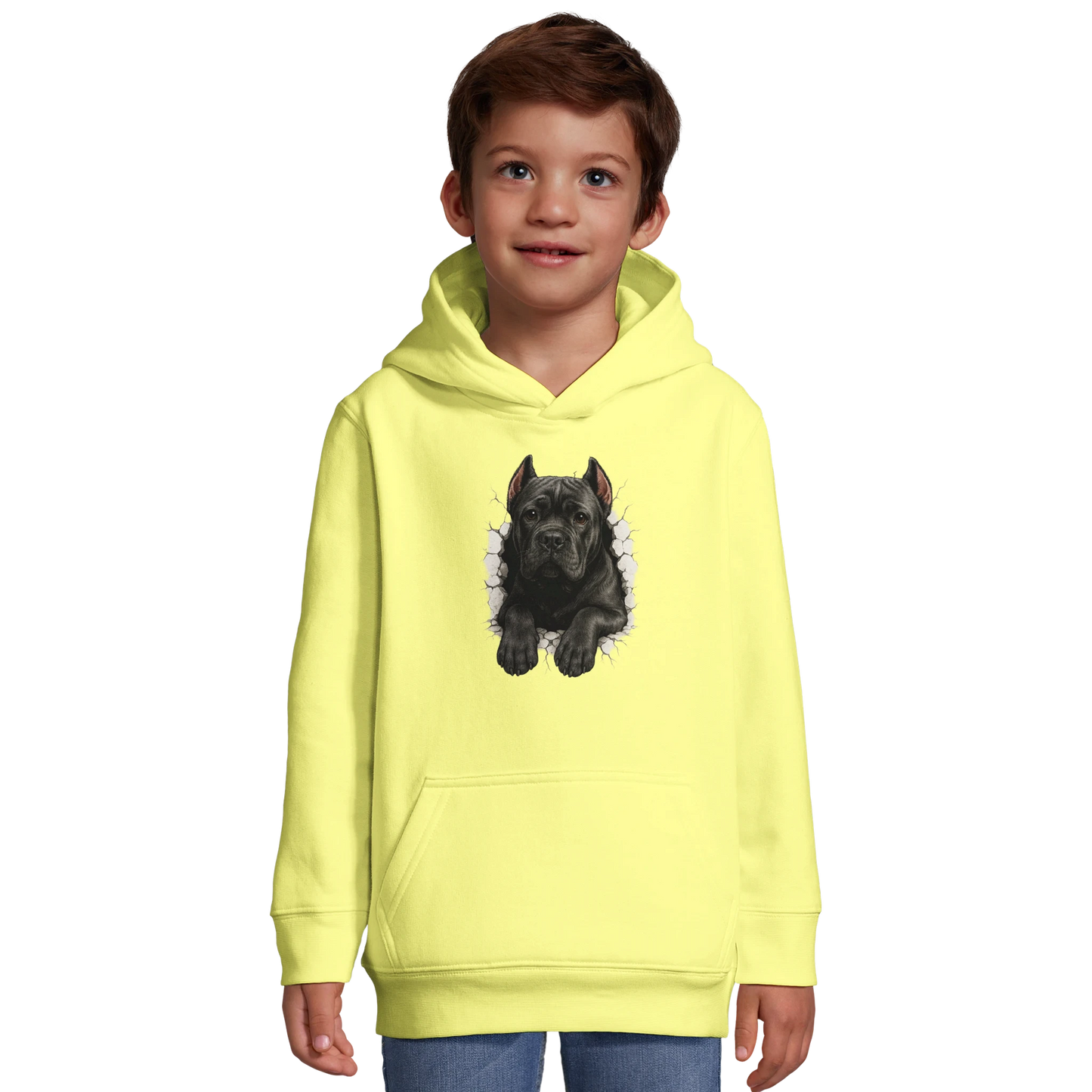 Sweat-shirt à capuche enfant jaune Cane Corso trou mur