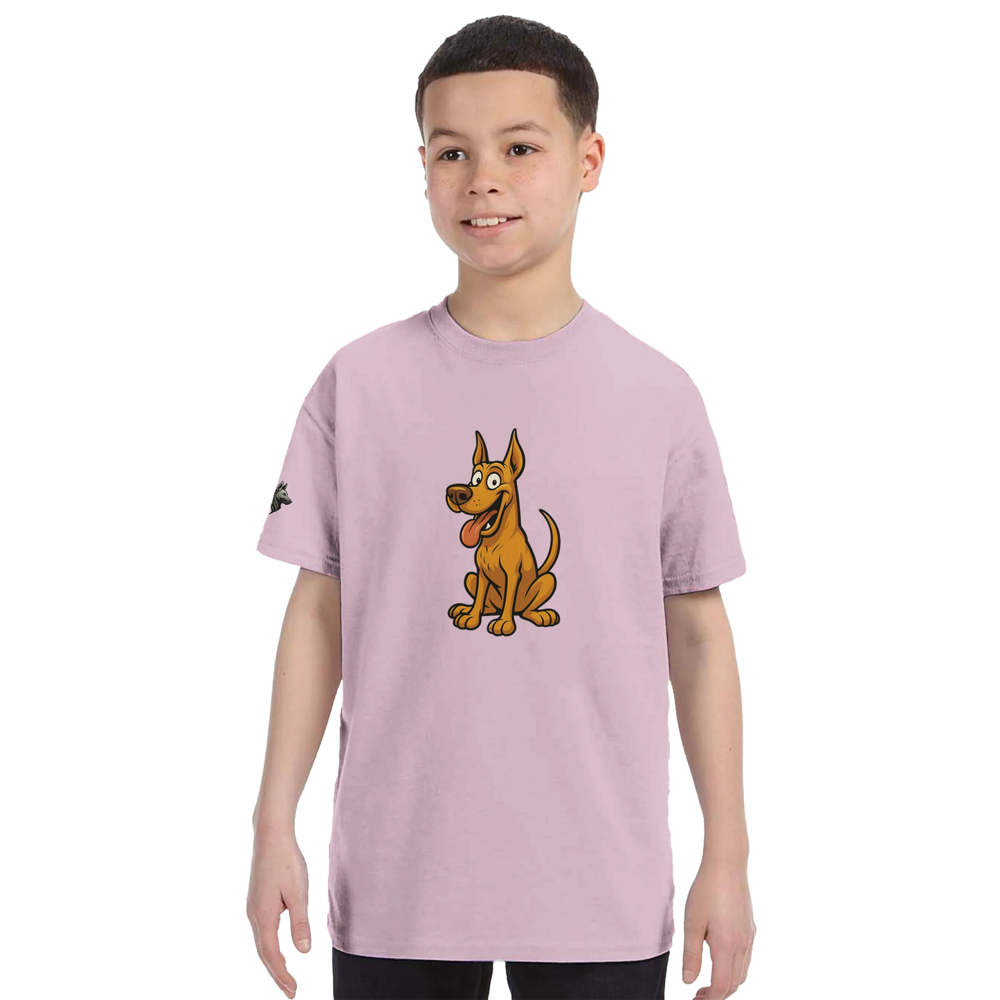 T-shirt enfant classique ras du cou Dobermann humour2 avec logo sur manche droite MolossDesign