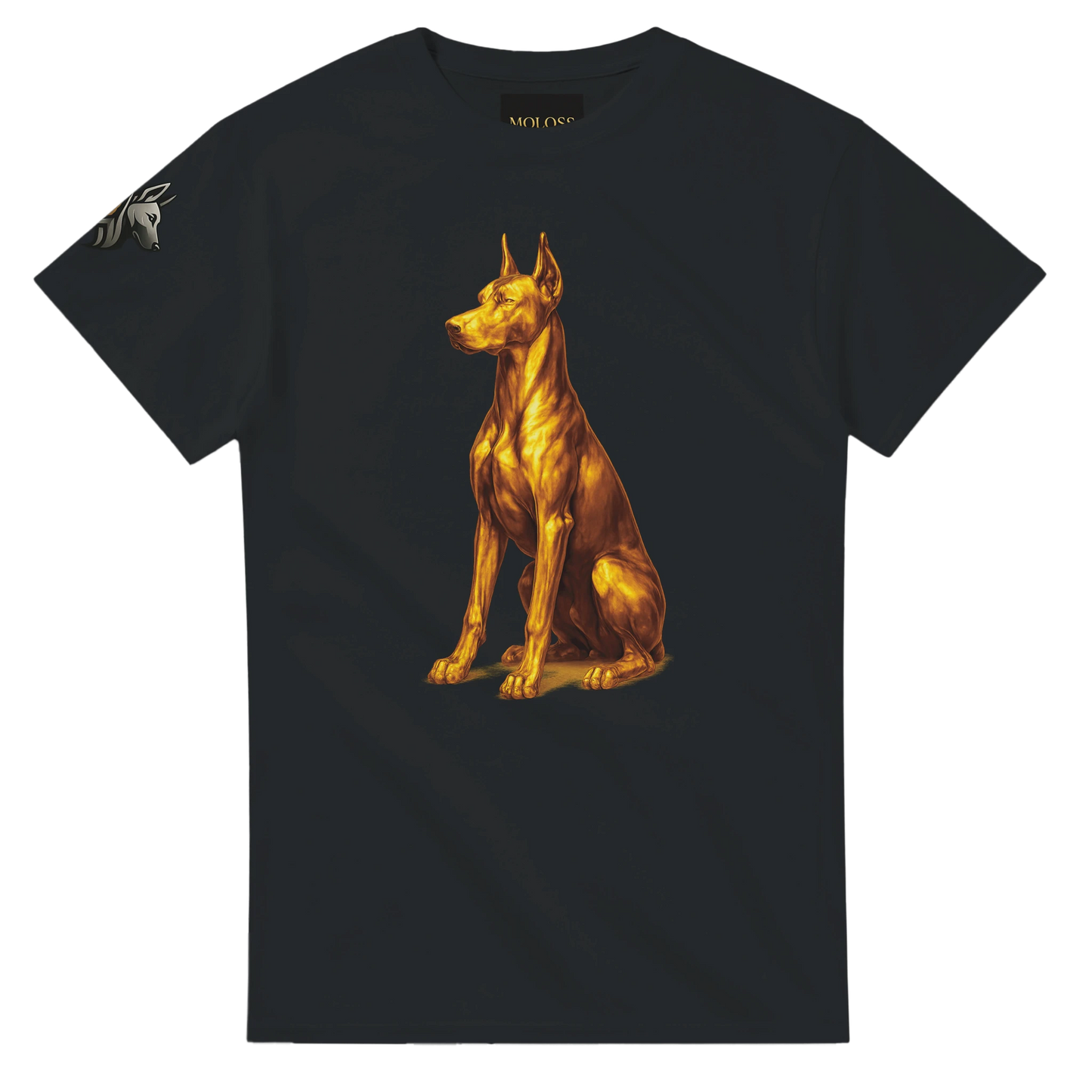 T-shirt adulte unisexe épais ras du cou noir Dobermann doré assis