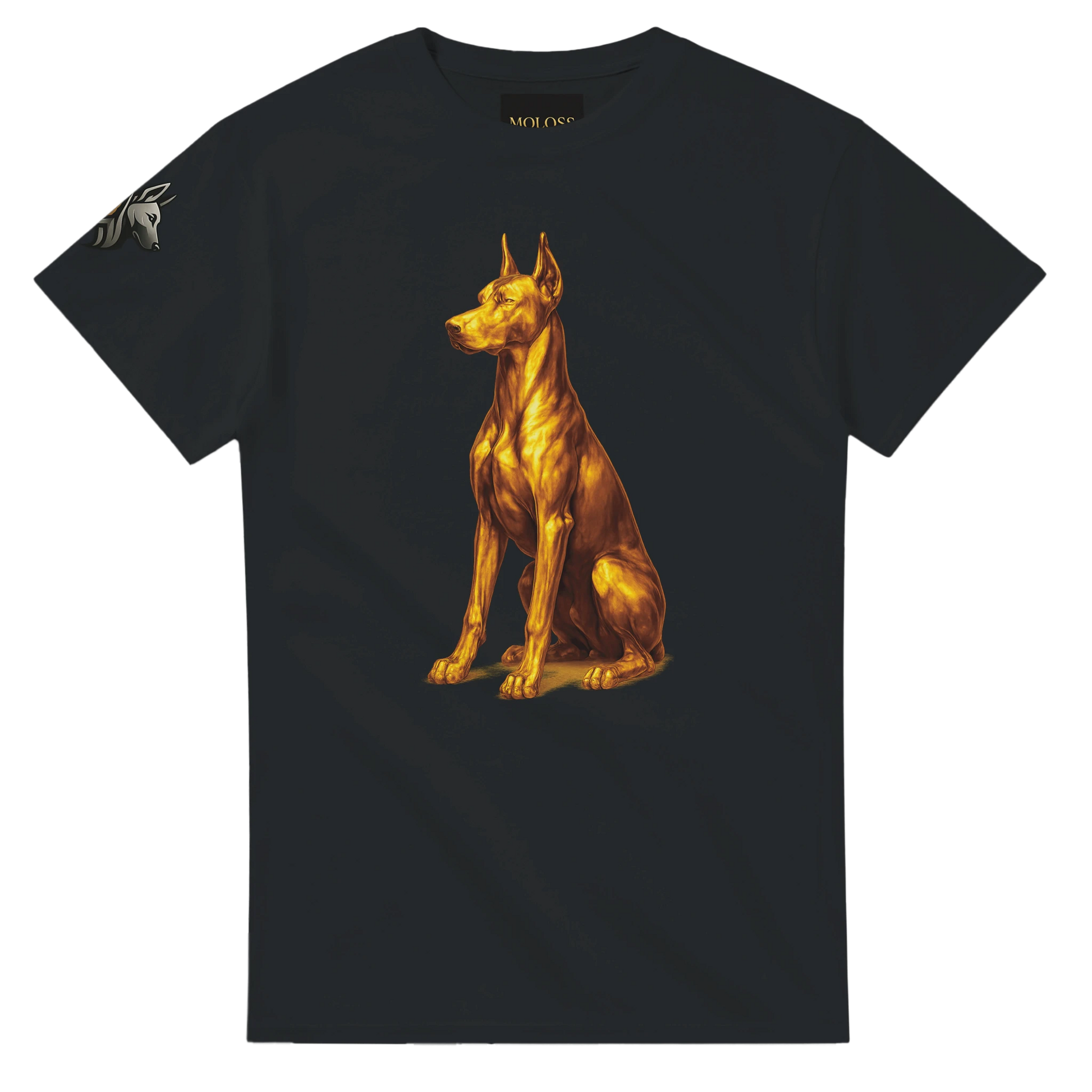 T-shirt adulte unisexe épais ras du cou noir Dobermann doré assis