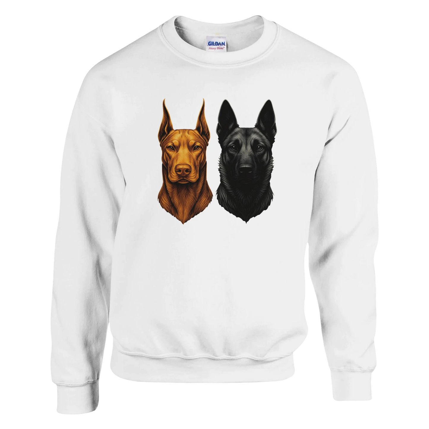 Sweat-shirt adulte unisexe classique ras du cou blanc tête Dobermann+Malinois