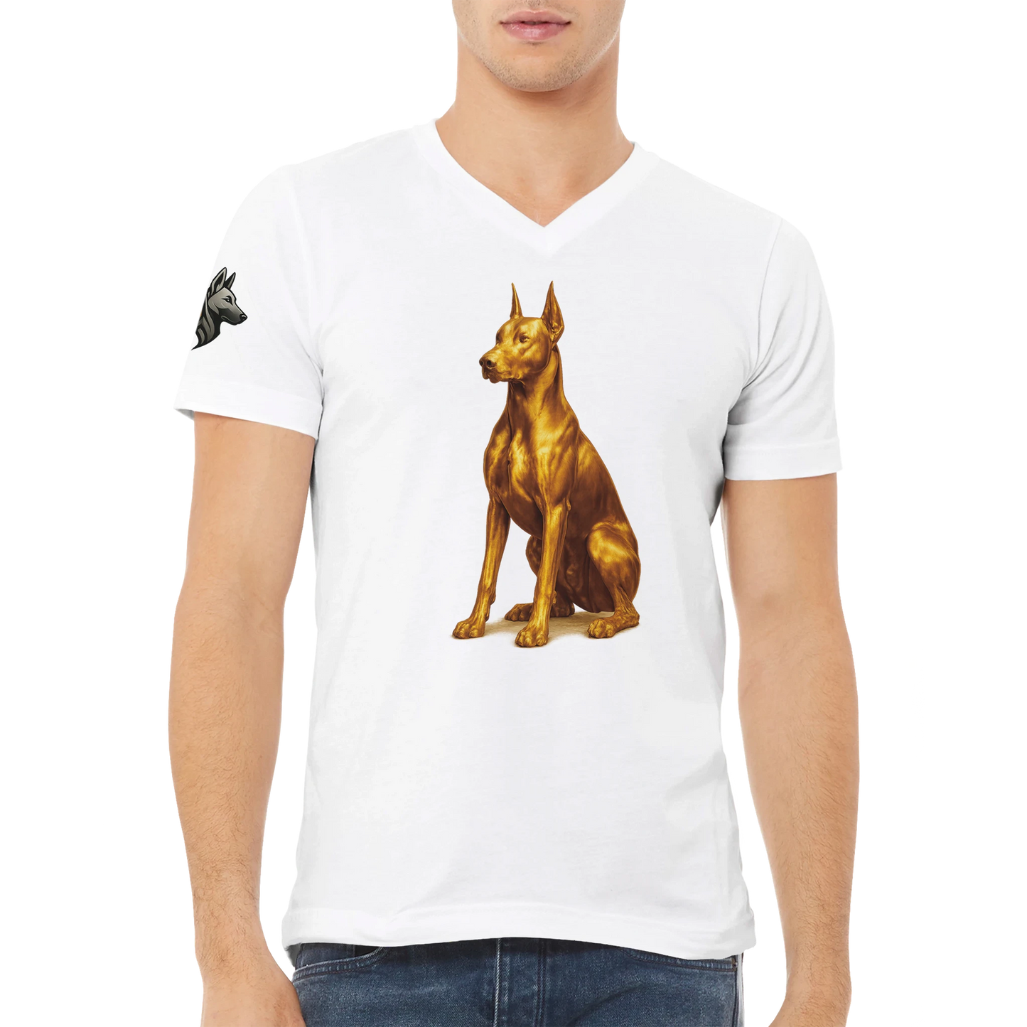 T-shirt unisexe premium col en V blanc Dobermann doré assis