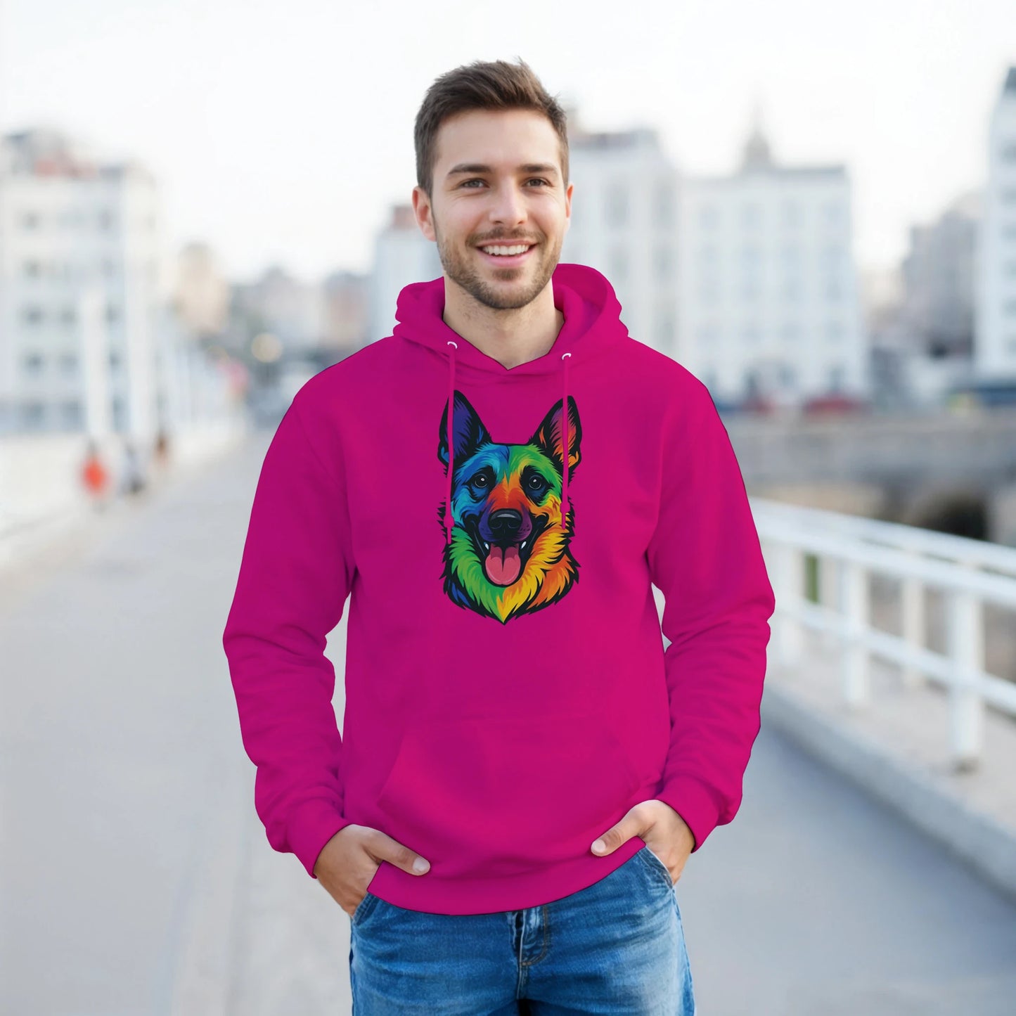 Sweat à capuche adulte unisexe classique fuchsia tête Malinois arc en ciel