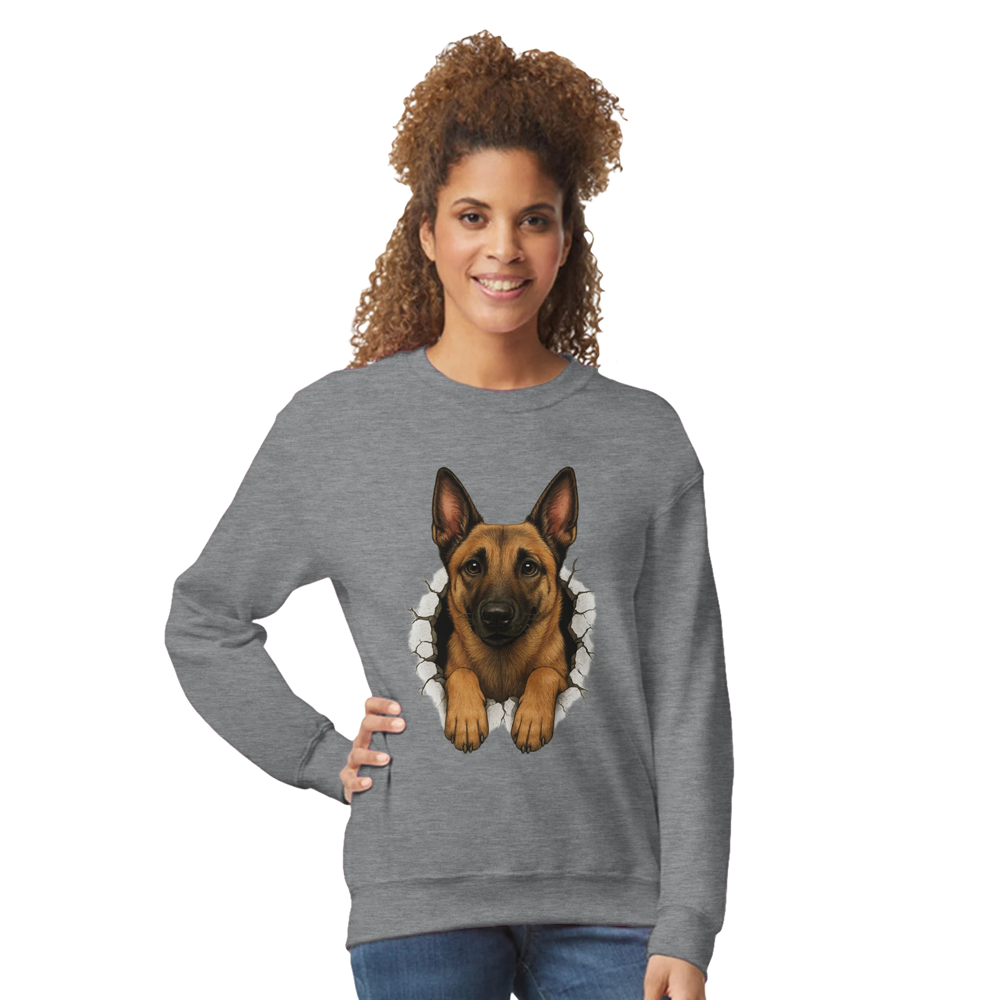 Sweat-shirt adulte unisexe classique ras du cou gris Malinois trou mur