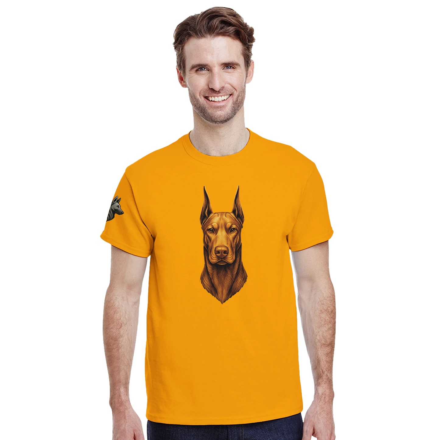 T-shirt adulte unisexe épais ras du cou jaune tête face Dobermann dorée