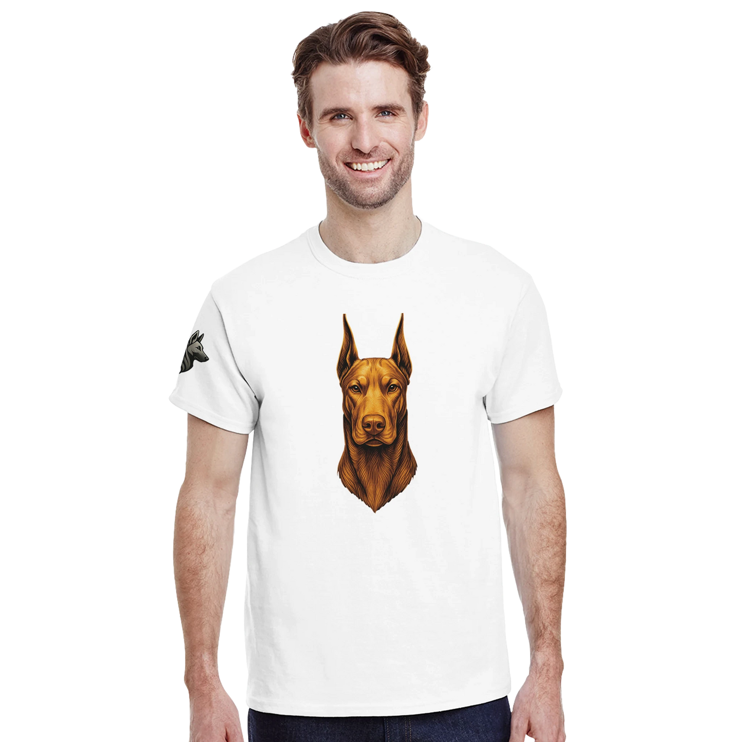 T-shirt adulte unisexe épais ras du cou blanc tête face Dobermann dorée
