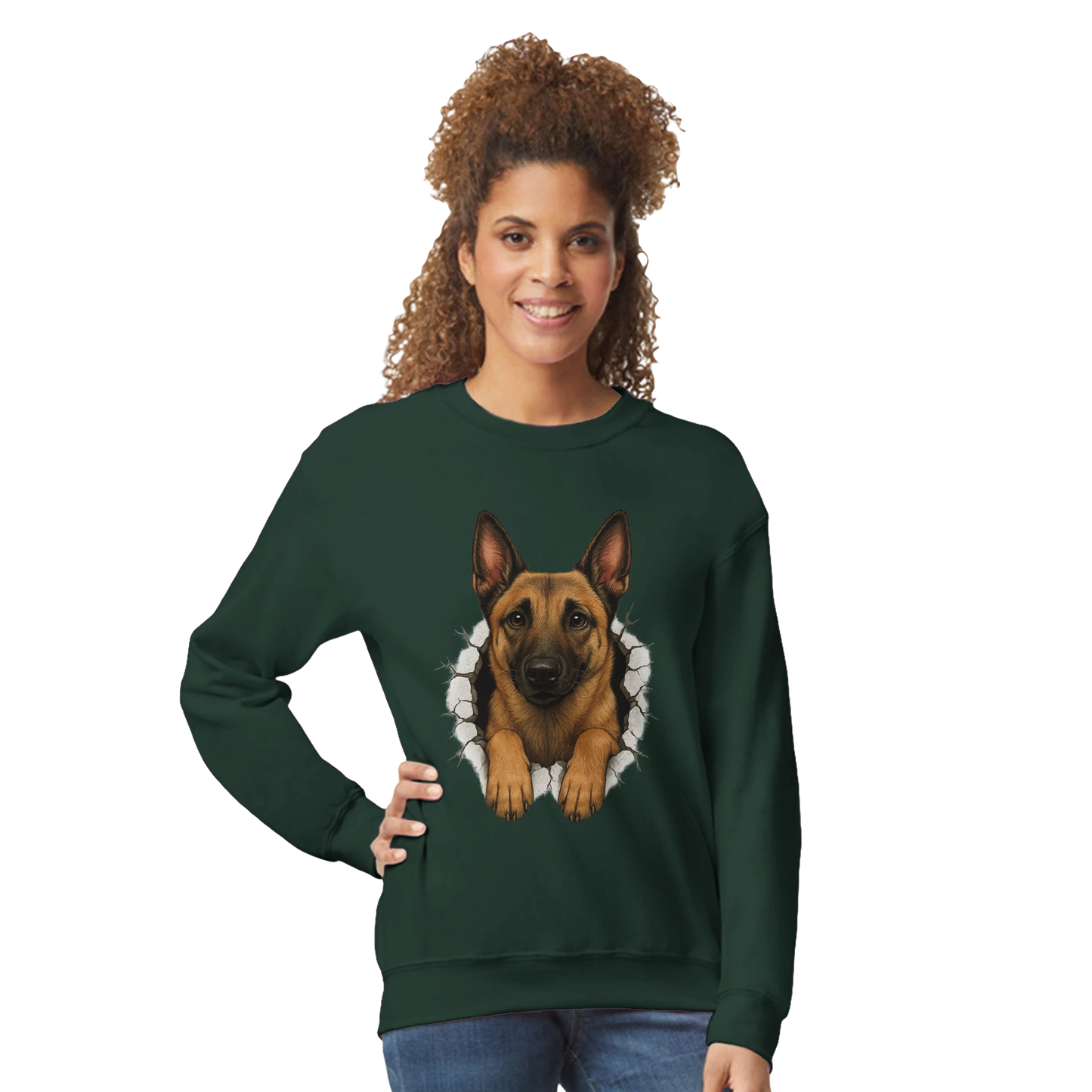 Sweat-shirt adulte unisexe classique ras du cou vert Malinois trou mur