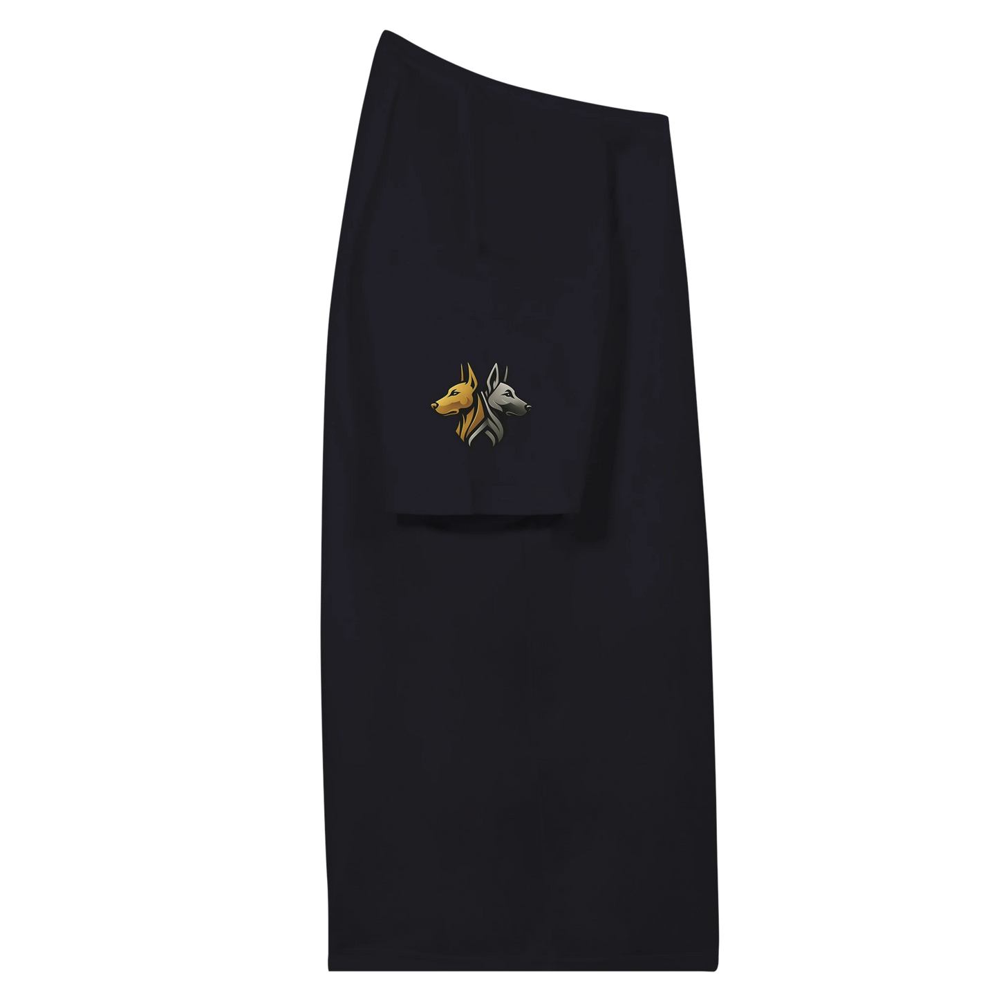 Marque MolossDesign | T-shirt unisexe premium col en V Dobermann doré assis2 avec logo sur manche droite MolossDesign