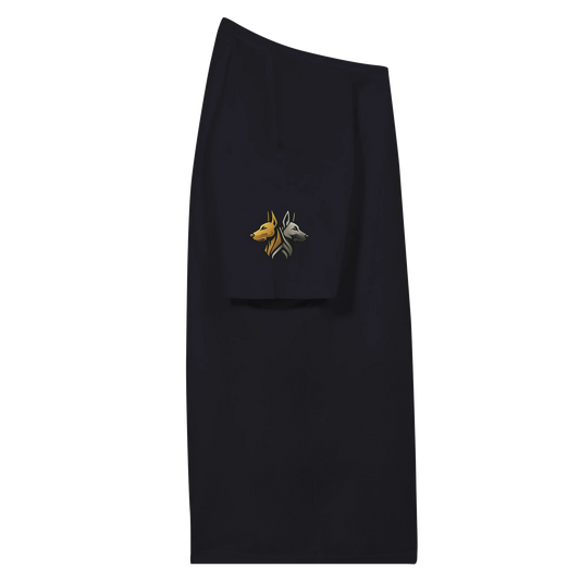 Marque MolossDesign | T-shirt unisexe premium col en V Dobermann doré assis2 avec logo sur manche droite MolossDesign