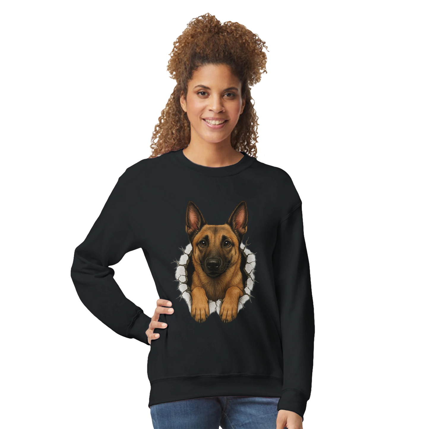 Sweat-shirt adulte unisexe classique ras du cou noir Malinois trou mur