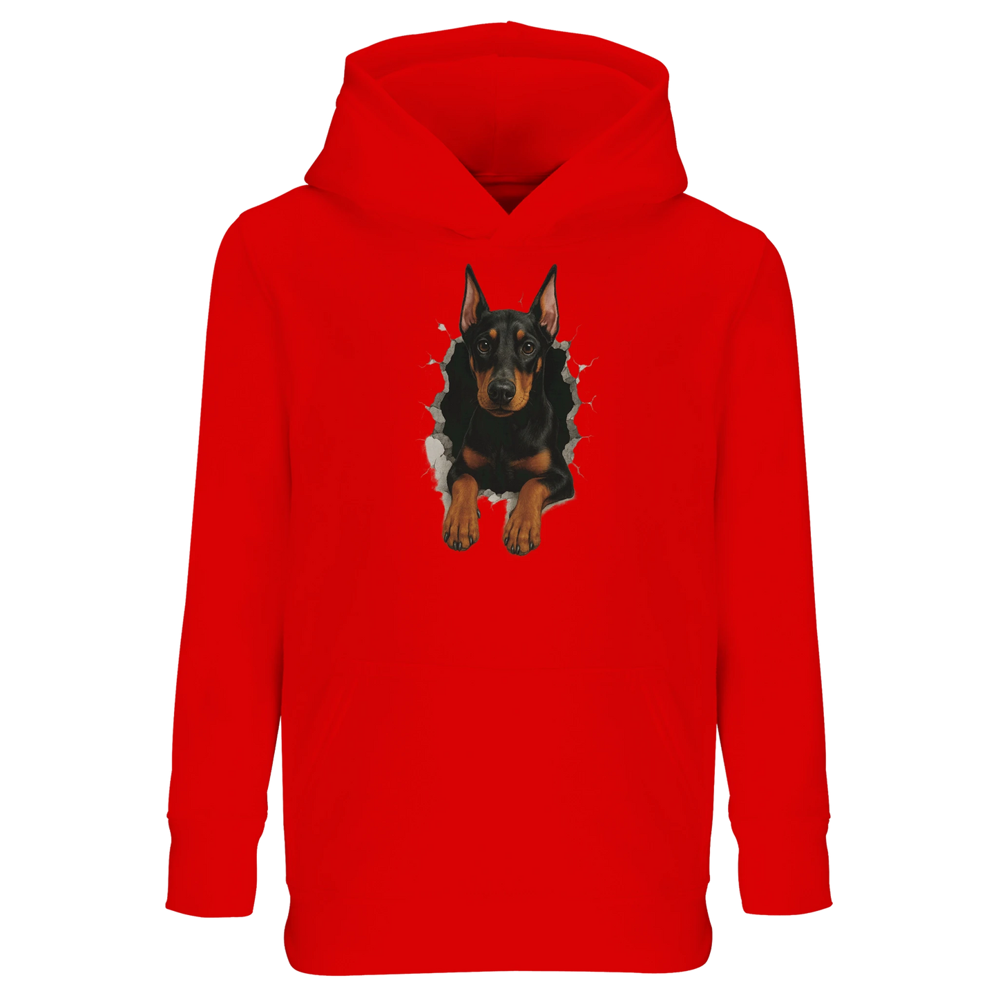 Sweat-shirt à capuche enfant rouge-Dobermann trou mur