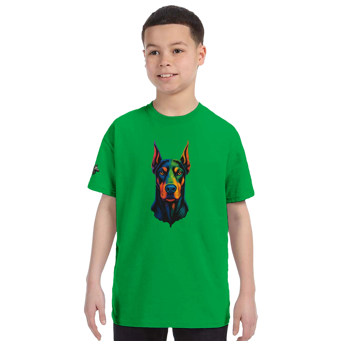 T-shirt enfant classique ras du cou tête Dobermann arc en ciel1 avec logo sur manche droite MolossDesign