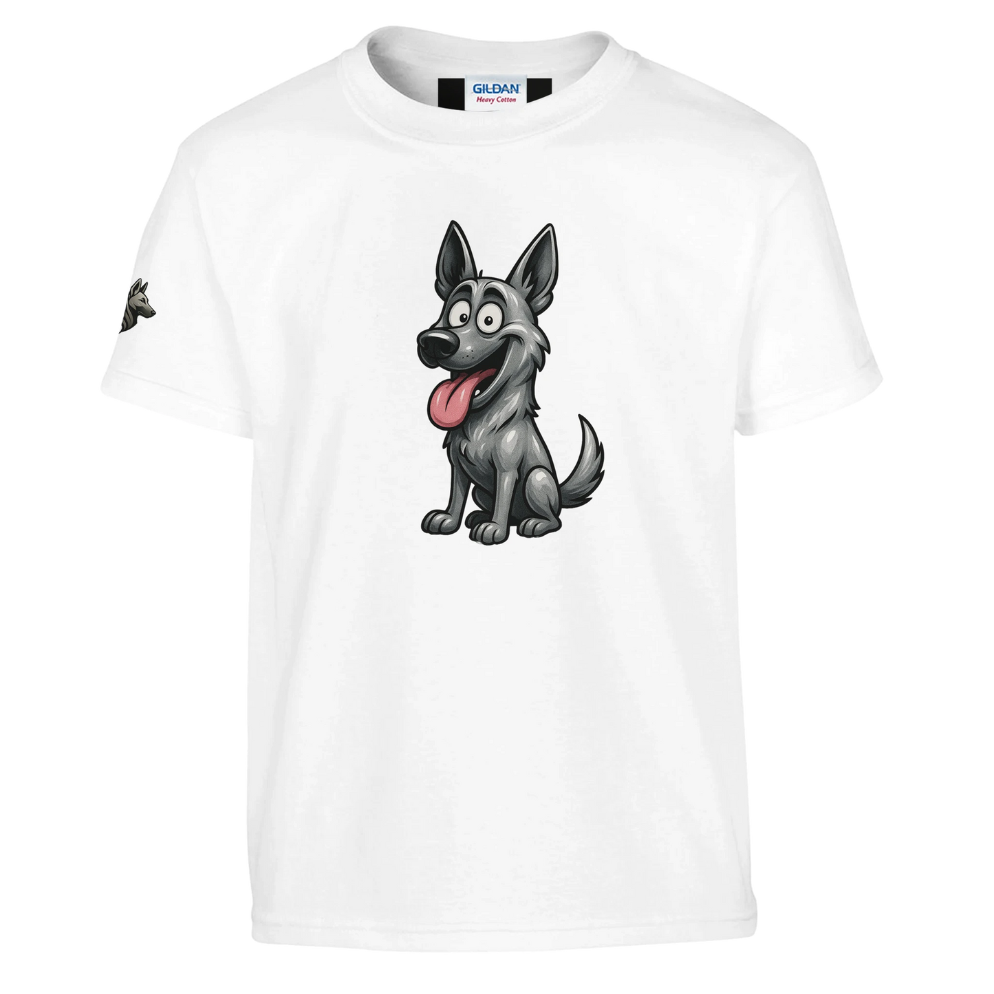 Marque MolossDesign | T-shirt enfant classique ras du cou Malinois humour1 avec logo sur manche droite MolossDesign