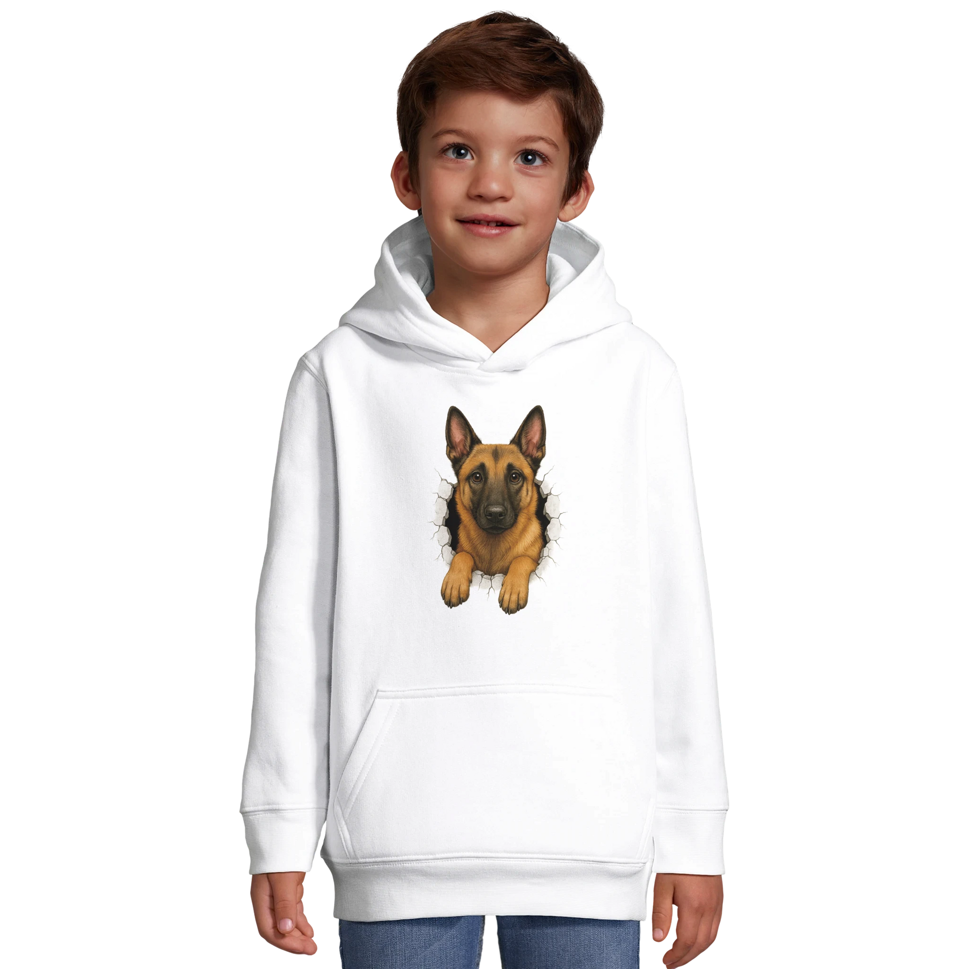 Sweat-shirt enfant à capuche blanc Malinois trou mur