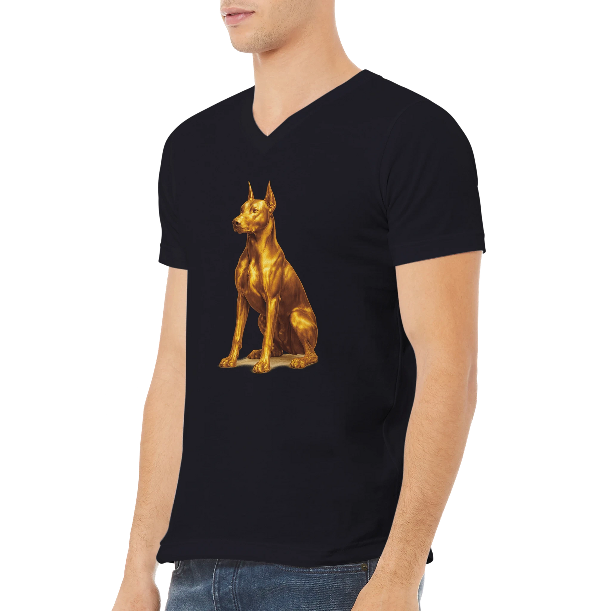 T-shirt unisexe premium col en V noir Dobermann doré assis