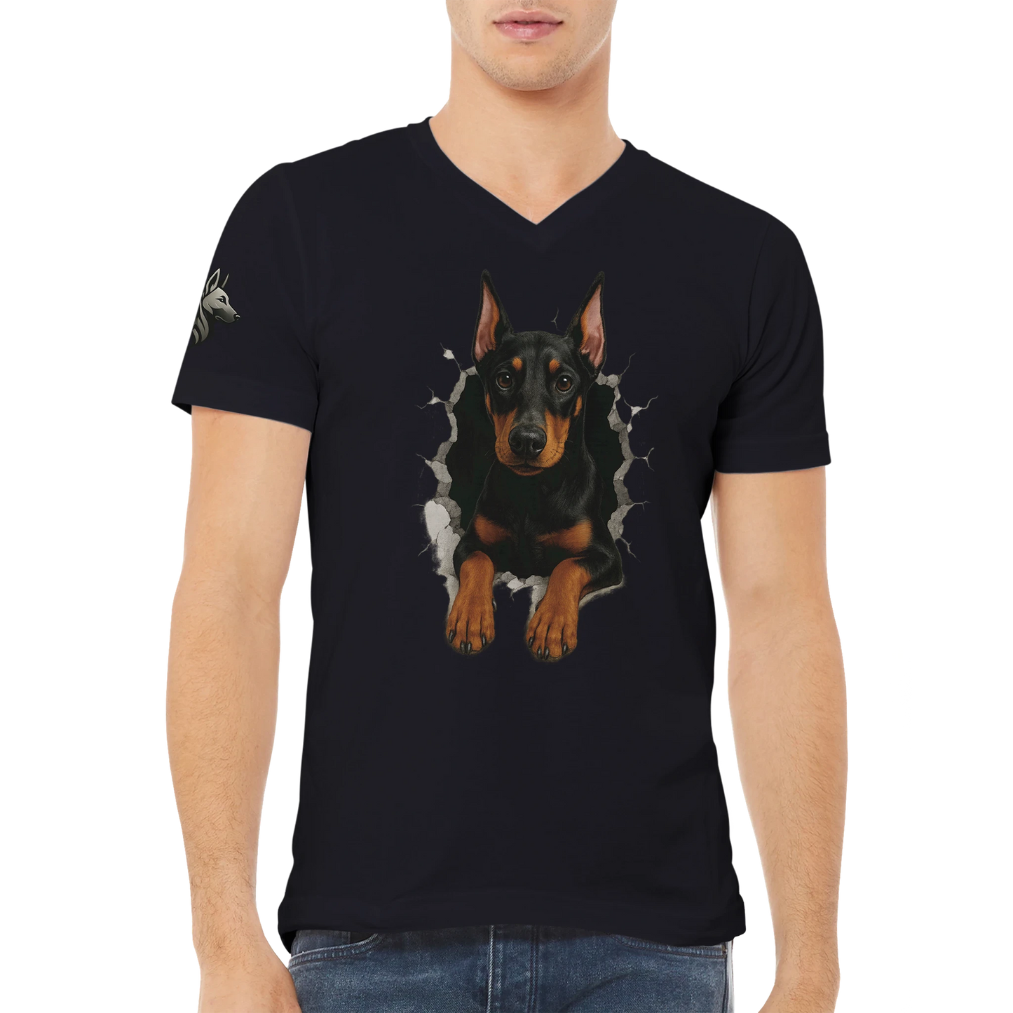 T-shirt adulte unisexe premium col en V noir-Dobermann trou mur