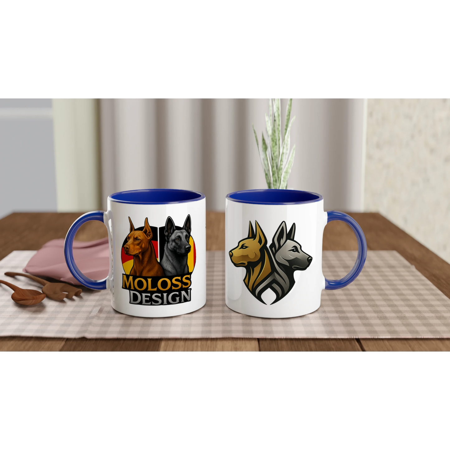 Mug céramique blanche 325 ml (11 oz) intérieur coloré bleu-Dobermann et Malinois avec drapeaux