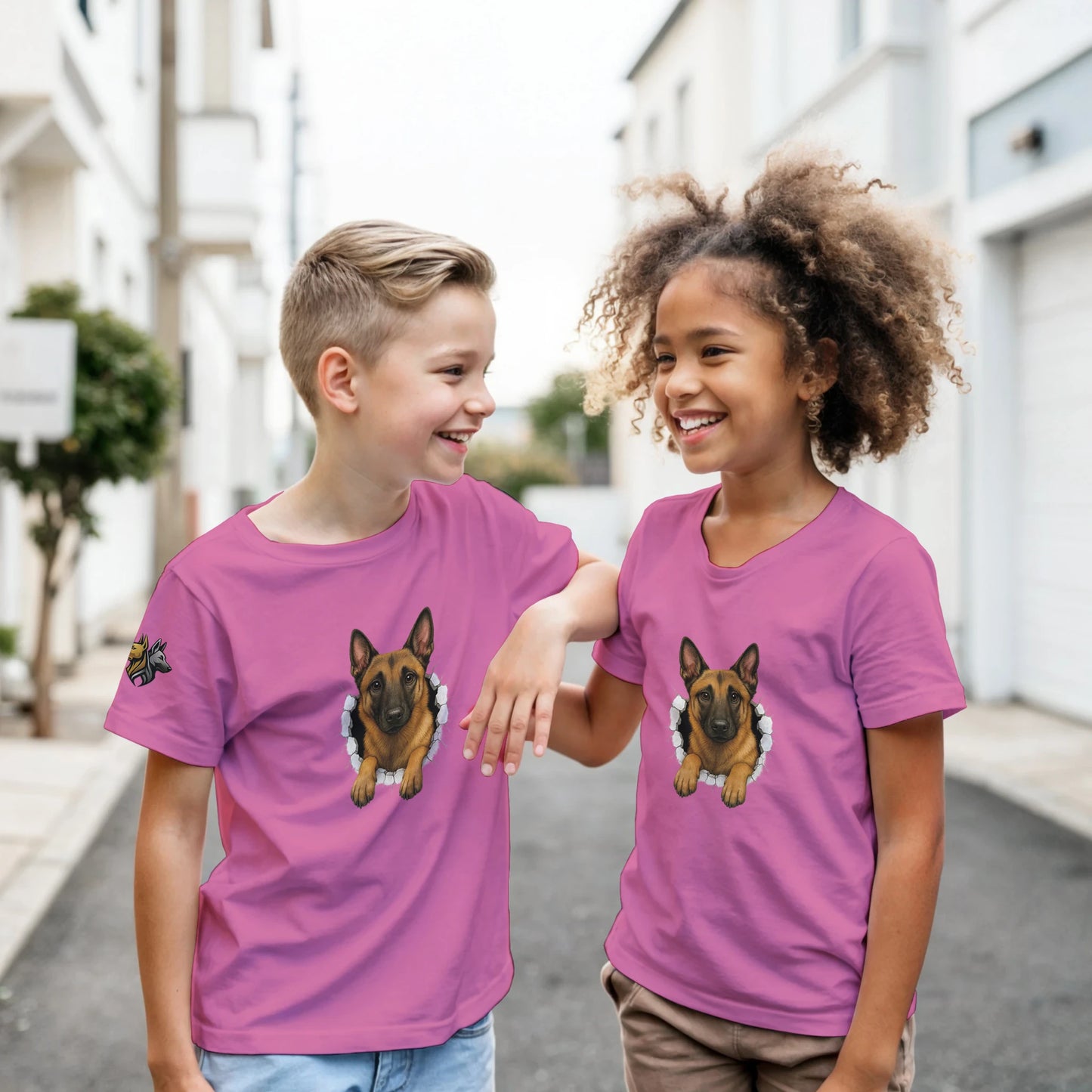 T-shirt enfant classique rose Malinois trou mur