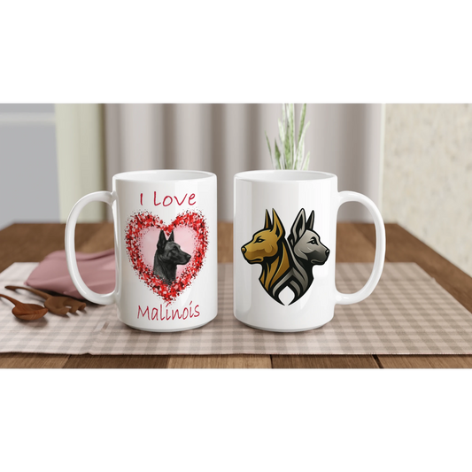 Mug en céramique blanche de 443 ml (15 oz) I love Malinois