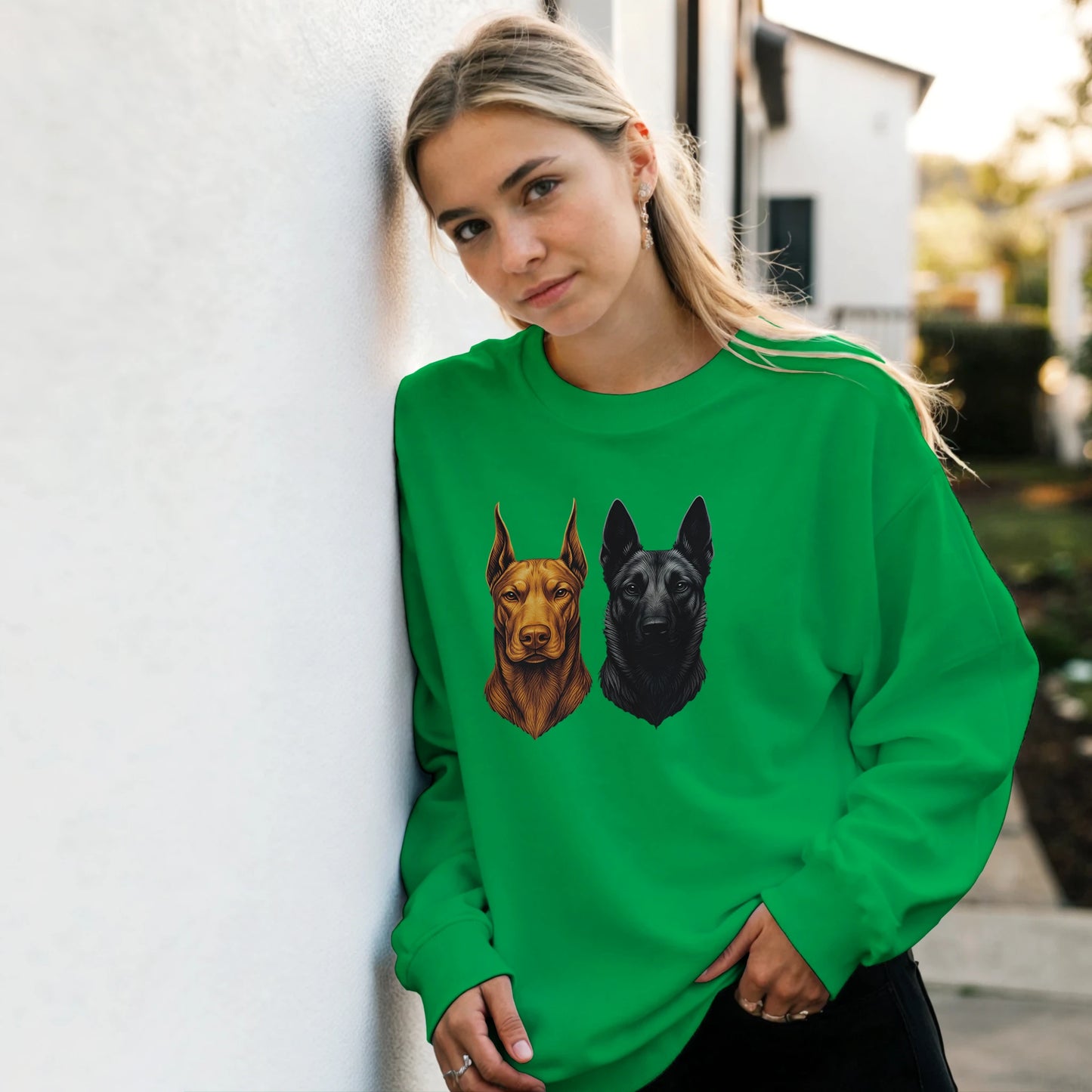Sweat-shirt adulte unisexe classique ras du cou vert tête Dobermann+Malinois
