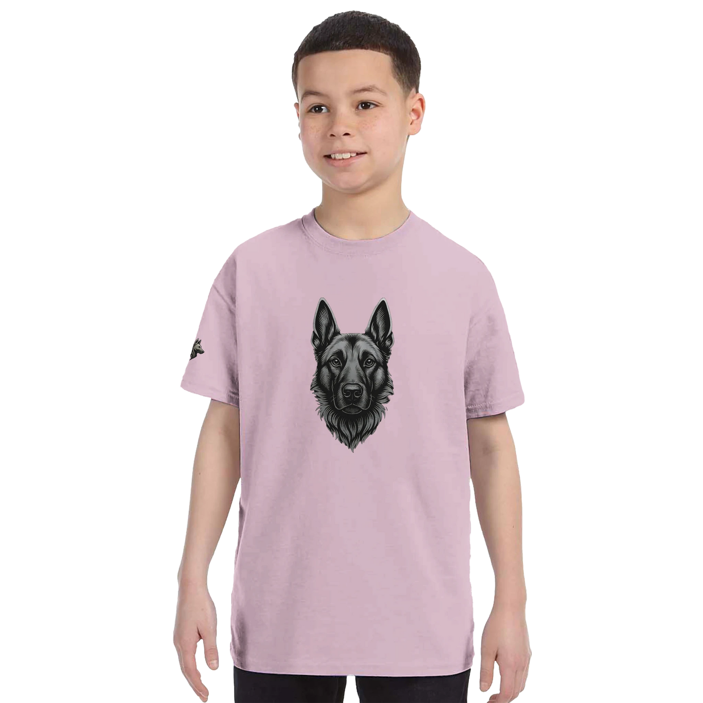 T-shirt enfant classique ras du cou tête Malinois argentée avec logo sur la manche droite MolossDesign