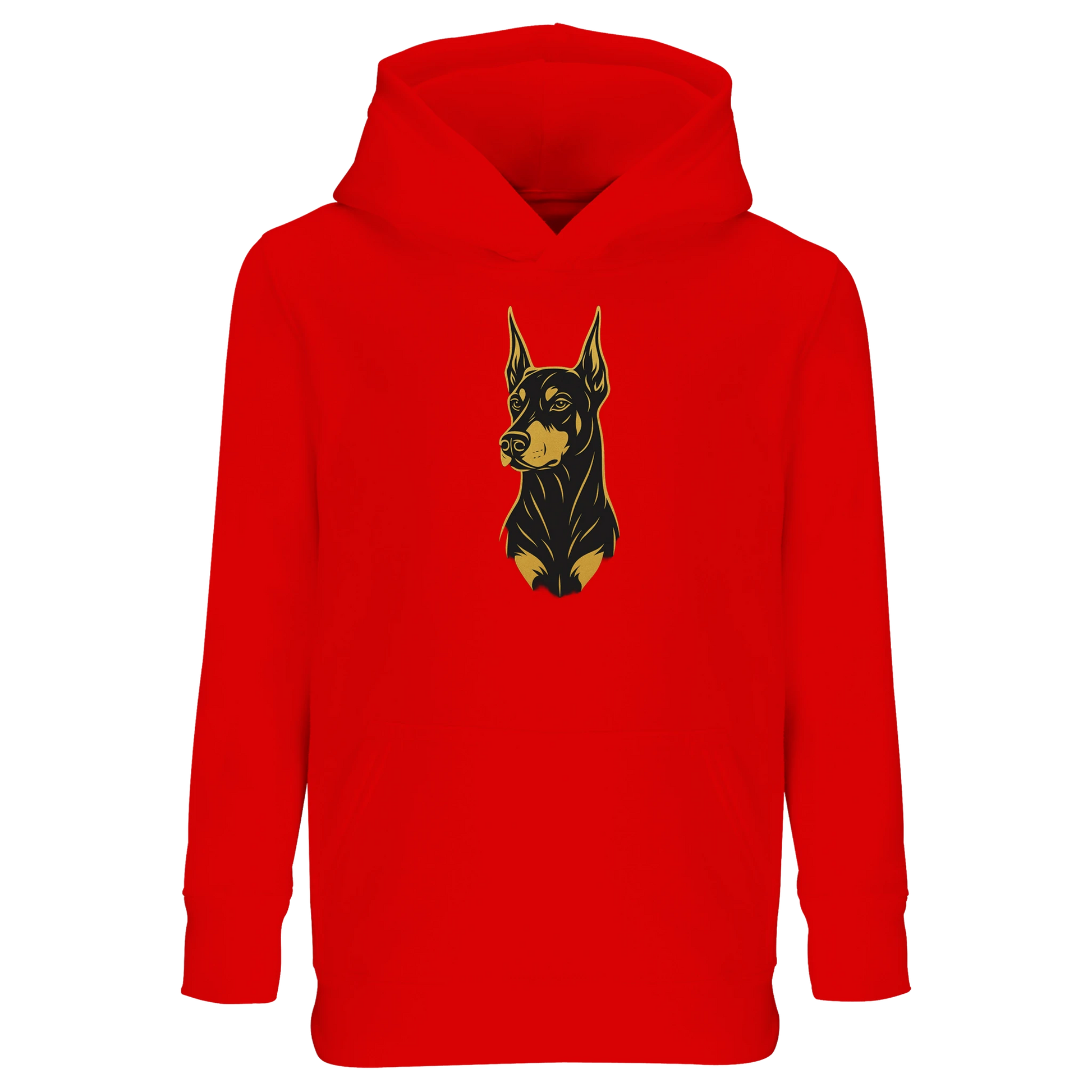 Sweat-shirt à capuche enfant rouge tête Dobermann dorée et noire