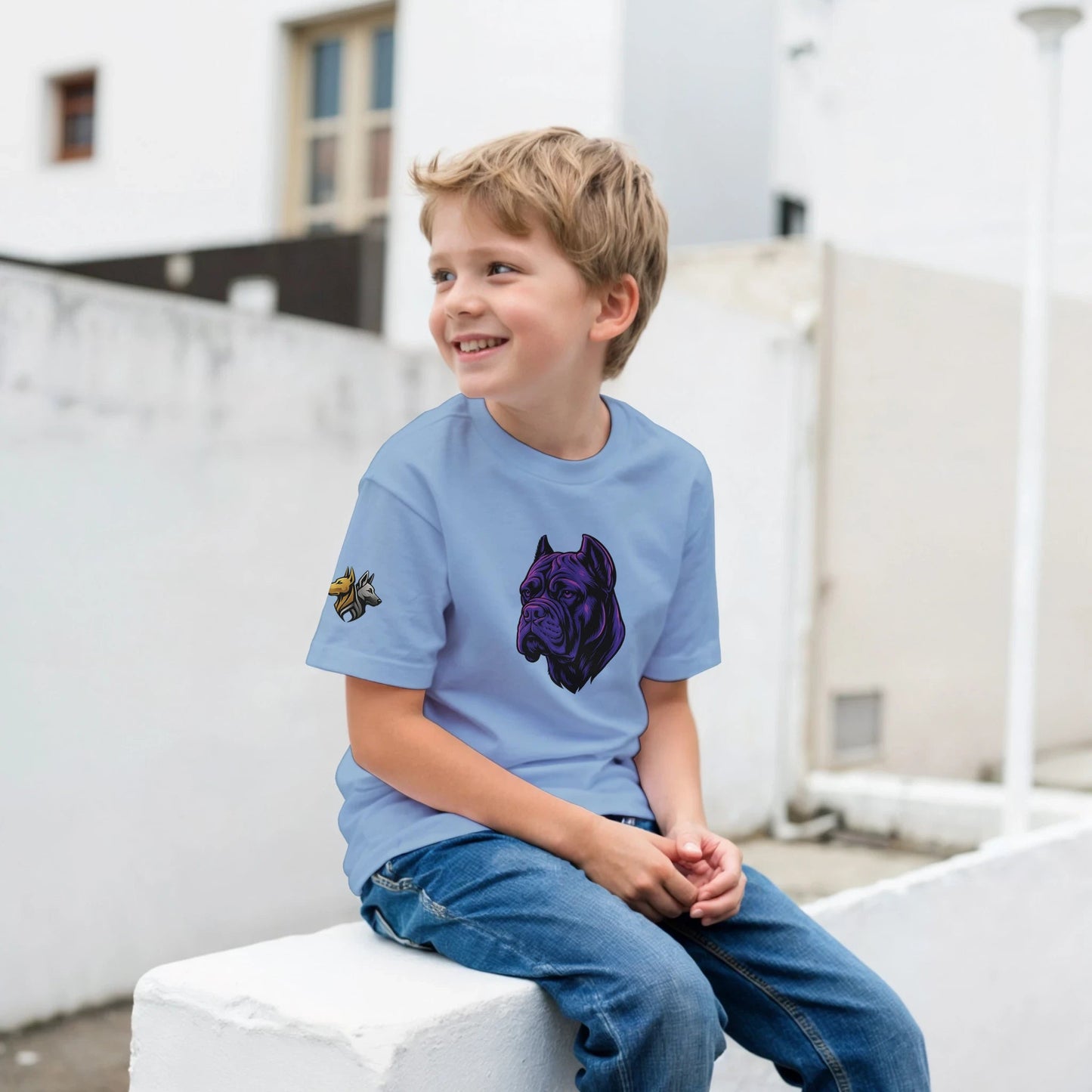 T-shirt enfant classique ras du cou tête Cane Corso 1 avec logo sur manche droite MolossDesign