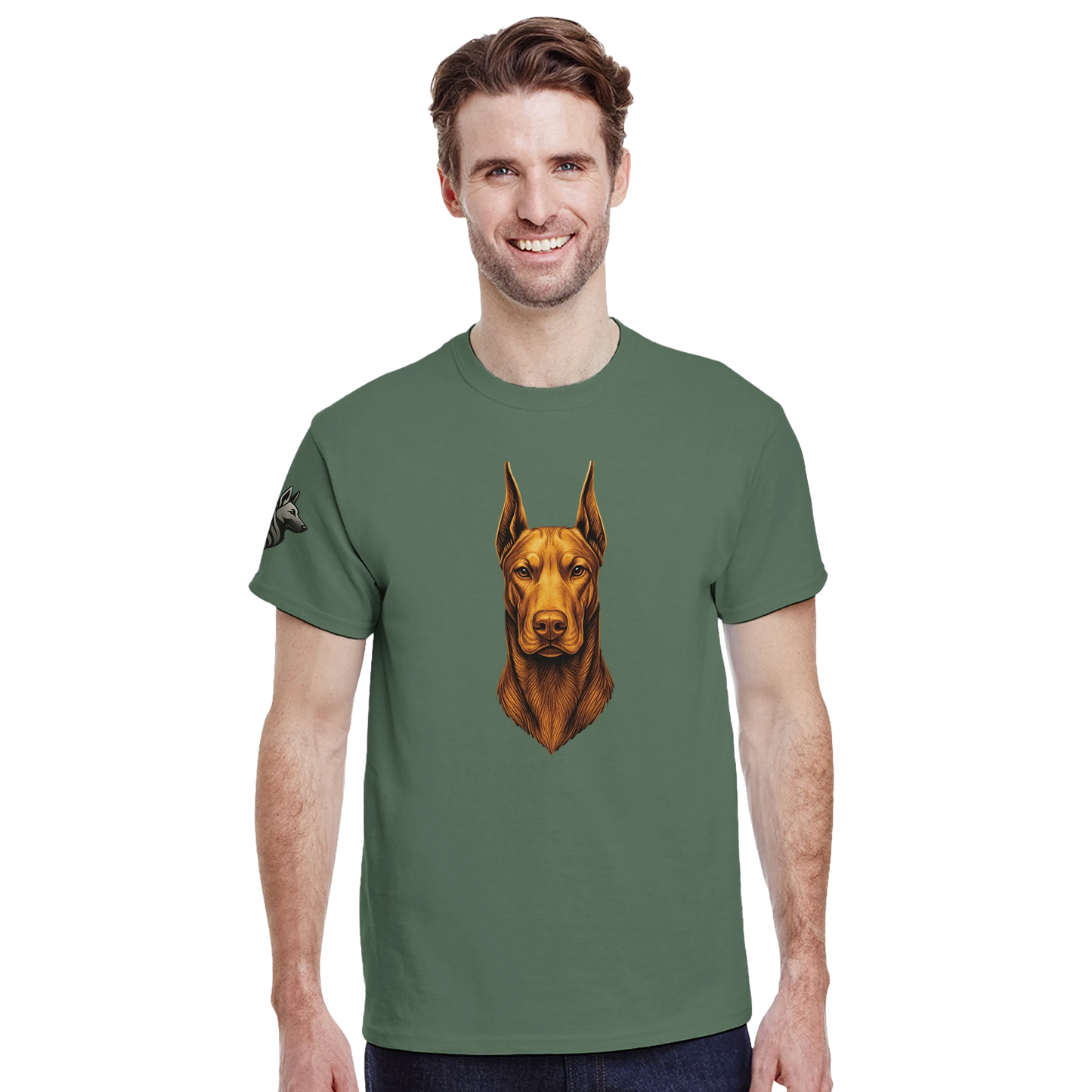 T-shirt adulte unisexe épais ras du cou vert tête face Dobermann dorée