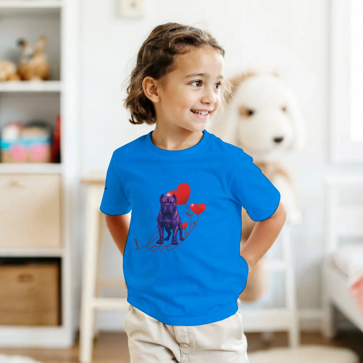 T-shirt enfant unisexe classique ras du cou bleu I love Cane Corso