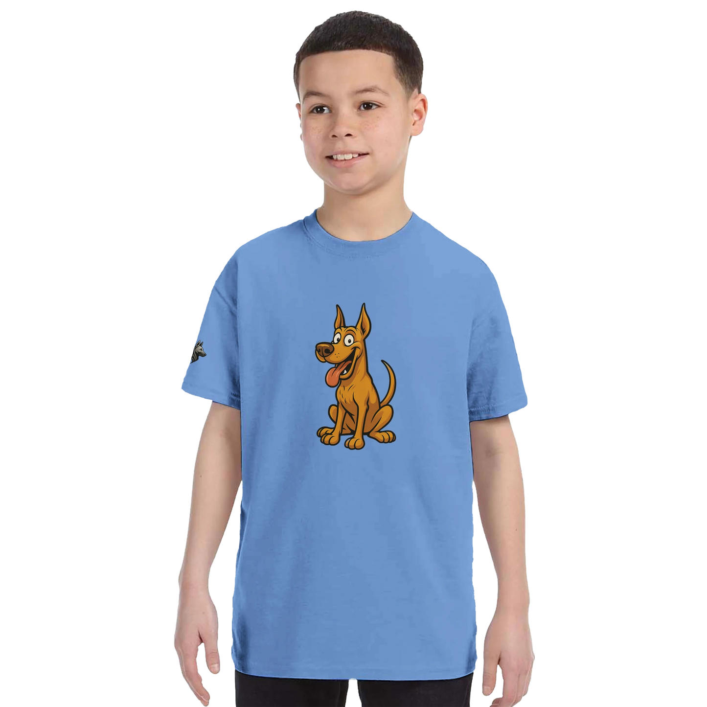 T-shirt enfant classique ras du cou Dobermann humour2 avec logo sur manche droite MolossDesign