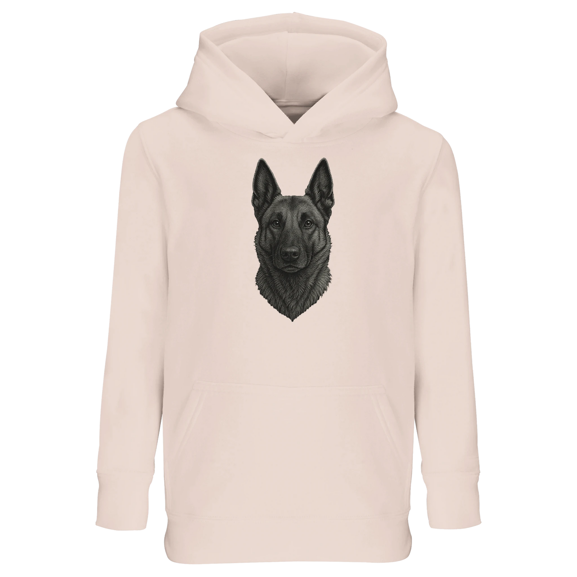 Sweat-shirt à capuche enfant rose clair tête Malinois argentée