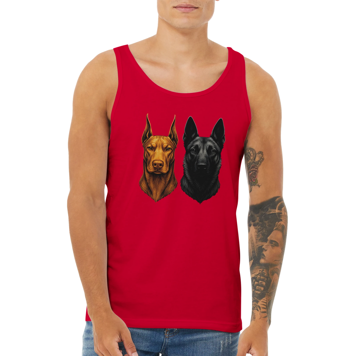 Débardeur adulte unisexe premium rouge tête Dobermann+Malinois
