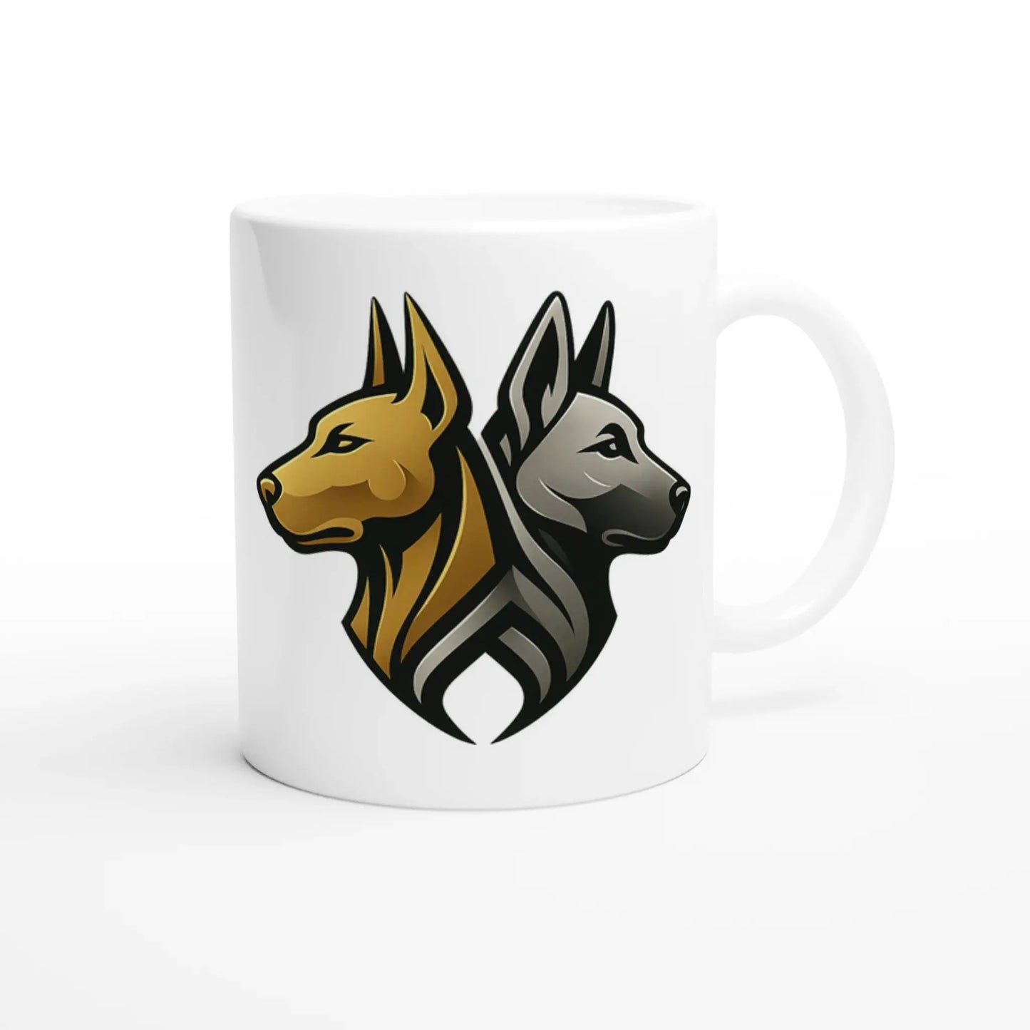 Mug céramique blanche 325 ml (11 oz) tête Malinois argentée logo MolossDesign