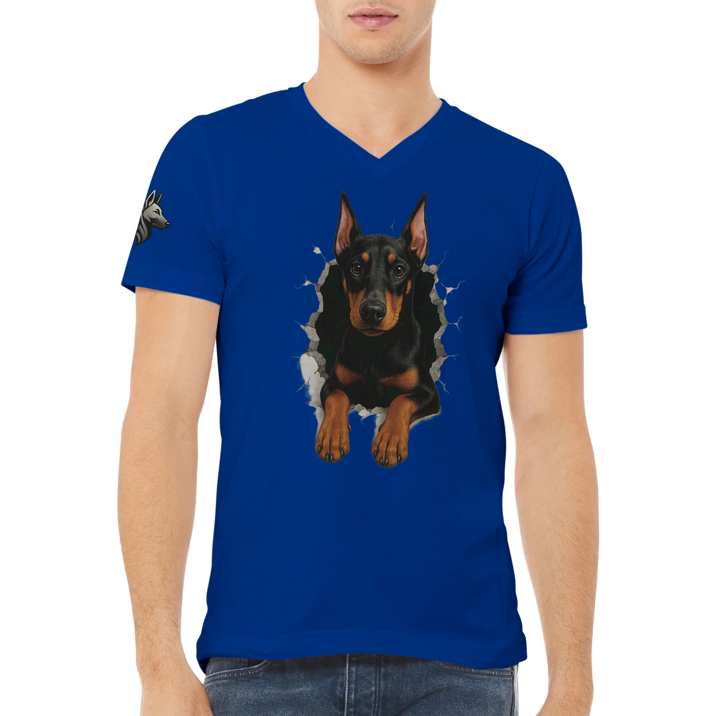 T-shirt adulte unisexe premium col en V bleu-Dobermann trou mur