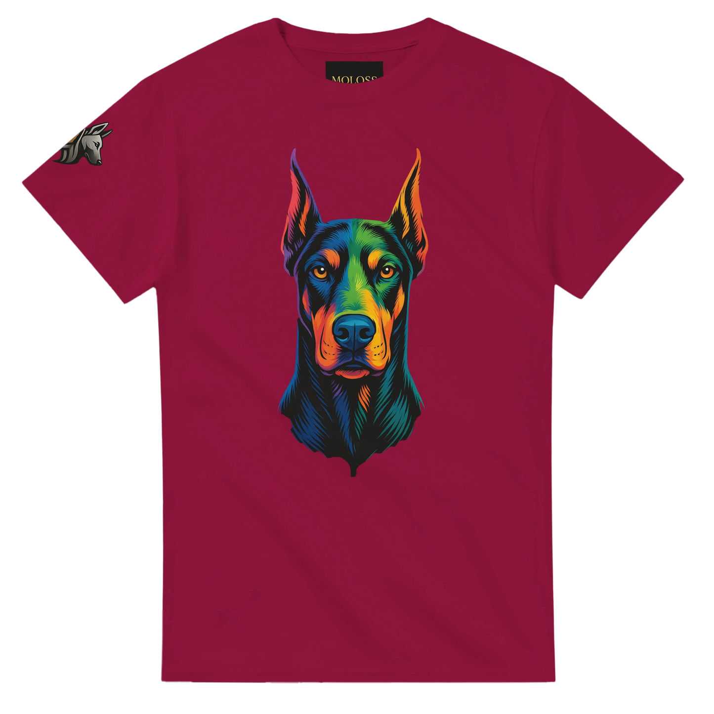 T-shirt adulte unisexe épais ras du cou rouge tête Dobermann arc en ciel