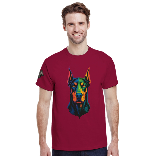 T-shirt adulte unisexe épais ras du cou rouge tête Dobermann arc en ciel