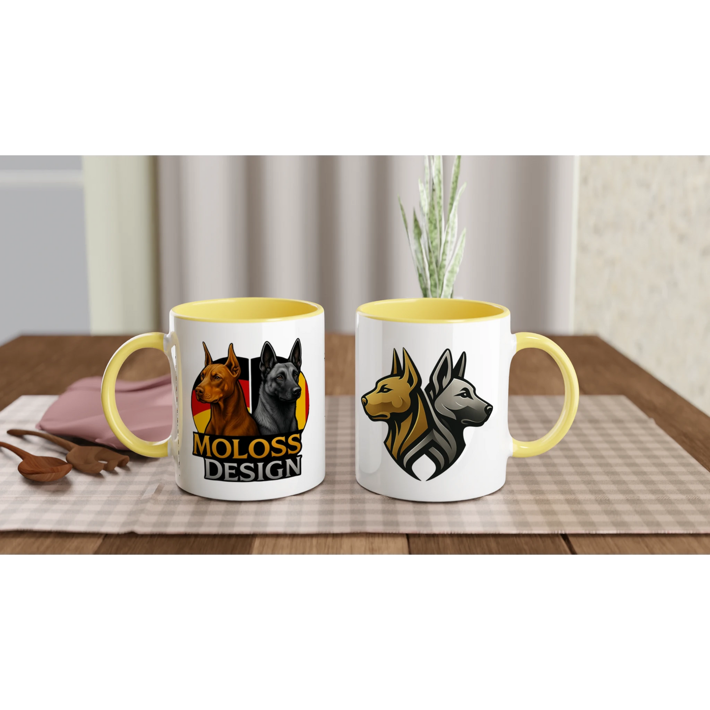 Mug céramique blanche 325 ml (11 oz) intérieur coloré jaune-Dobermann et Malinois avec drapeaux