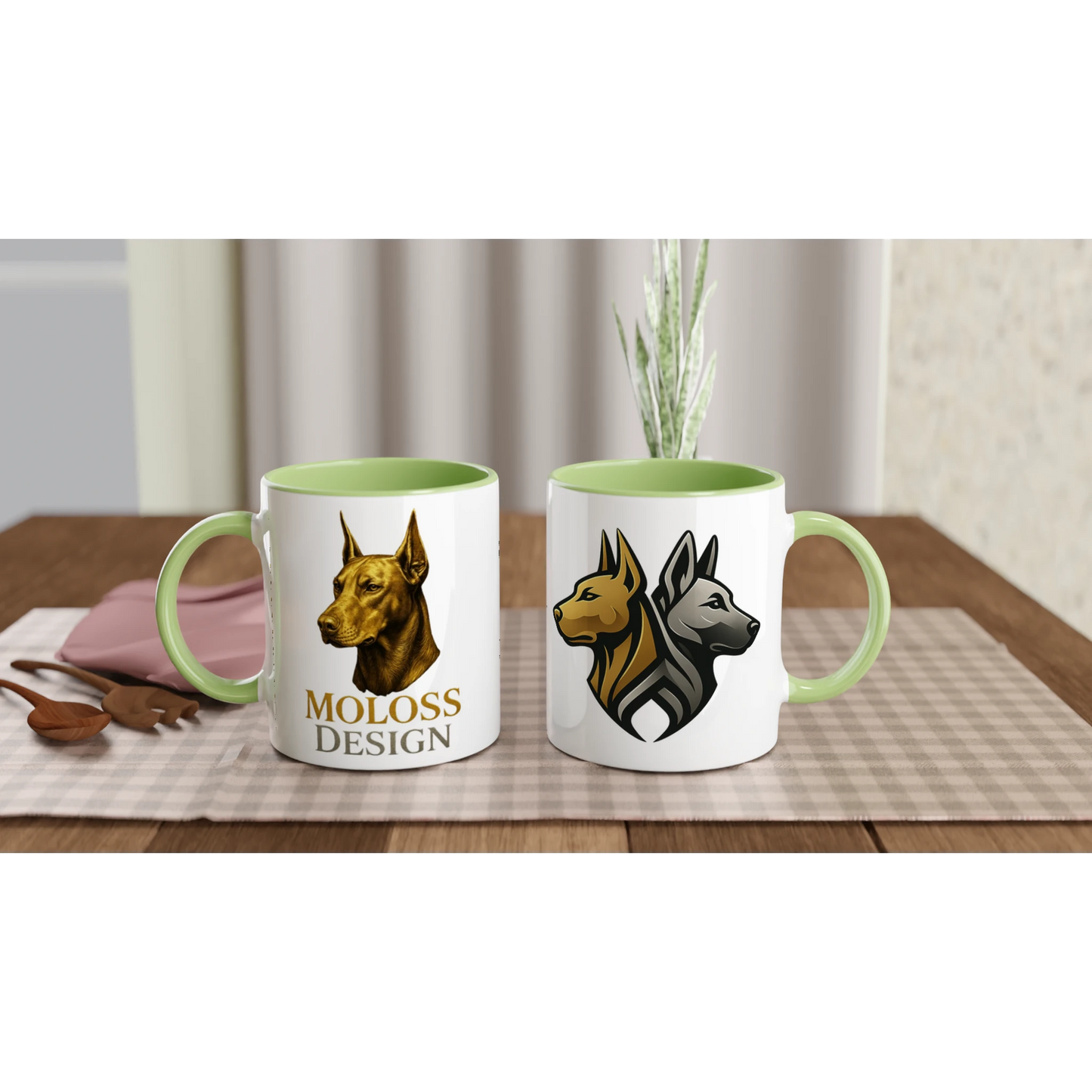 Marque MolossDesign | Mug en céramique blanche 325 ml (11 oz) avec intérieur coloré tête Dobermann doré MolossDesign et logo MolossDesign