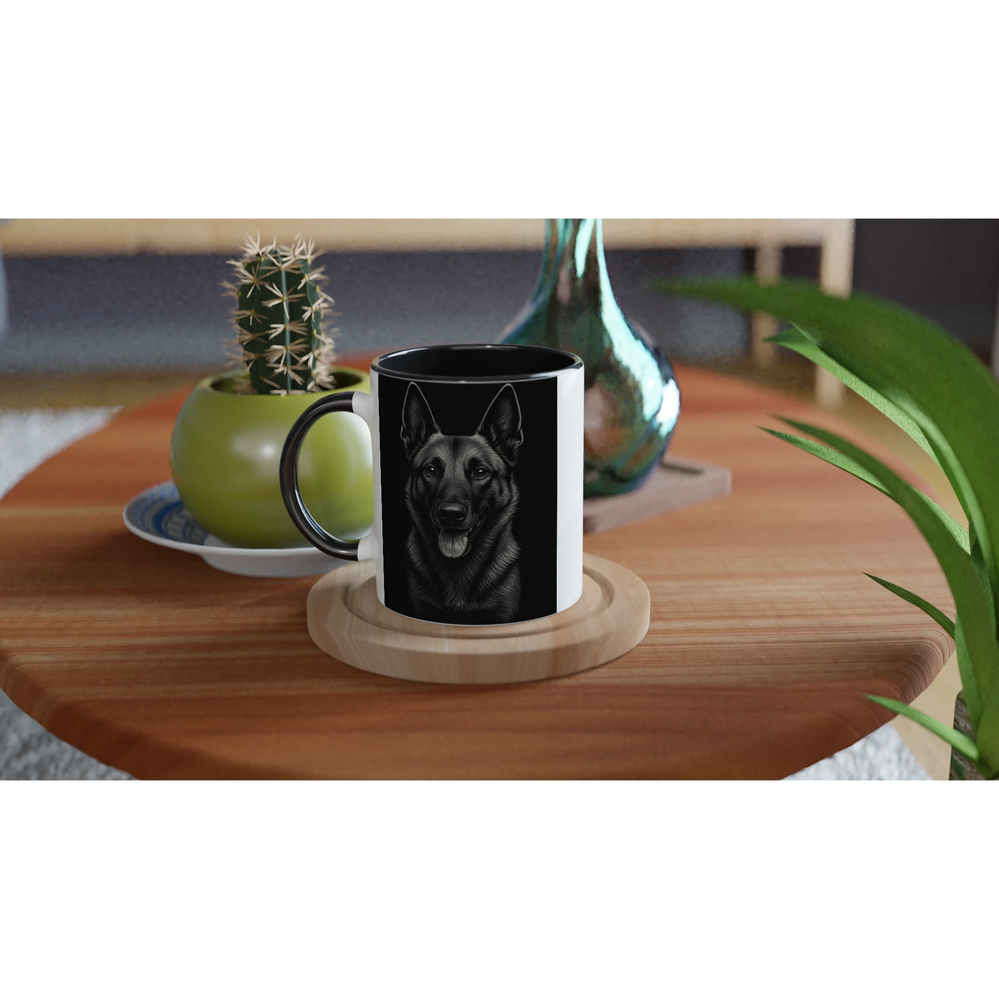 Mug céramique blanche 325 ml (11 oz) intérieur coloré-tête Malinois fond noir
