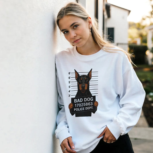 Sweat-shirt adulte unisexe classique ras du cou blanc Bad Dog Dobermann