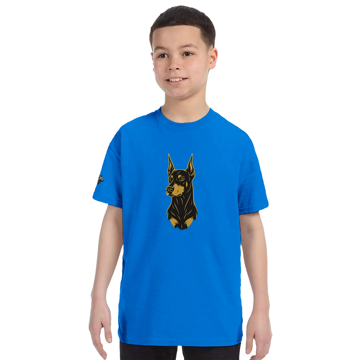 T-shirt enfant classique ras du cou tête Dobermann dorée et noire1 avec logo sur manche droite MolossDesign