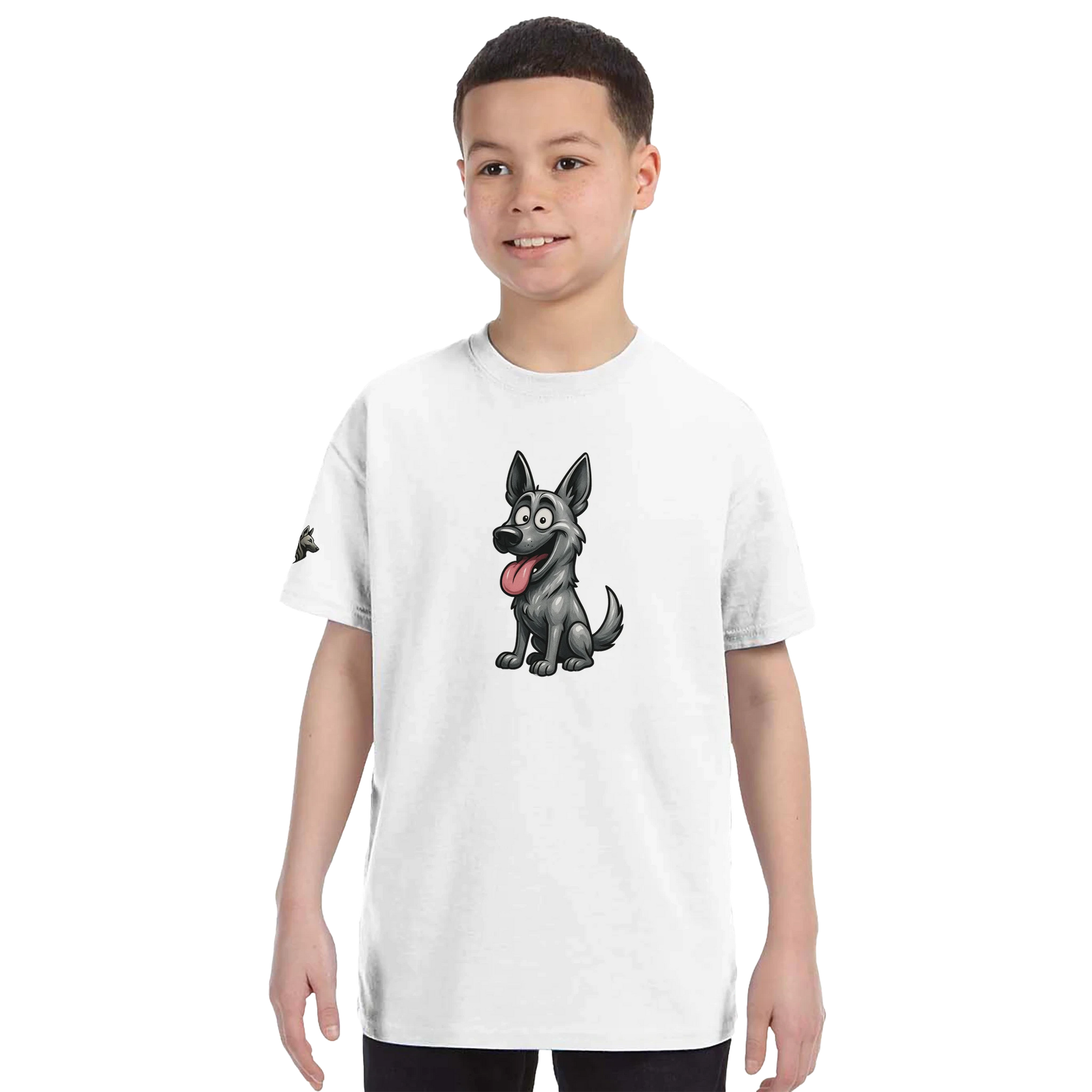 Marque MolossDesign | T-shirt enfant classique ras du cou Malinois humour1 avec logo sur manche droite MolossDesign