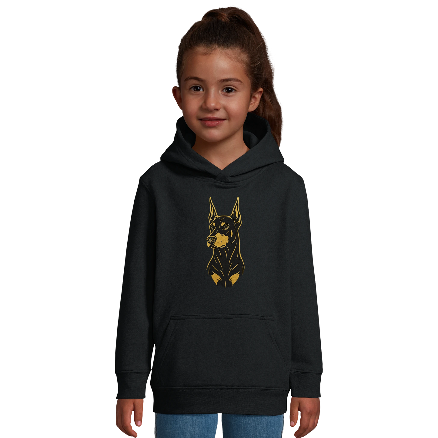 Sweat-shirt à capuche enfant noir tête Dobermann dorée et noire