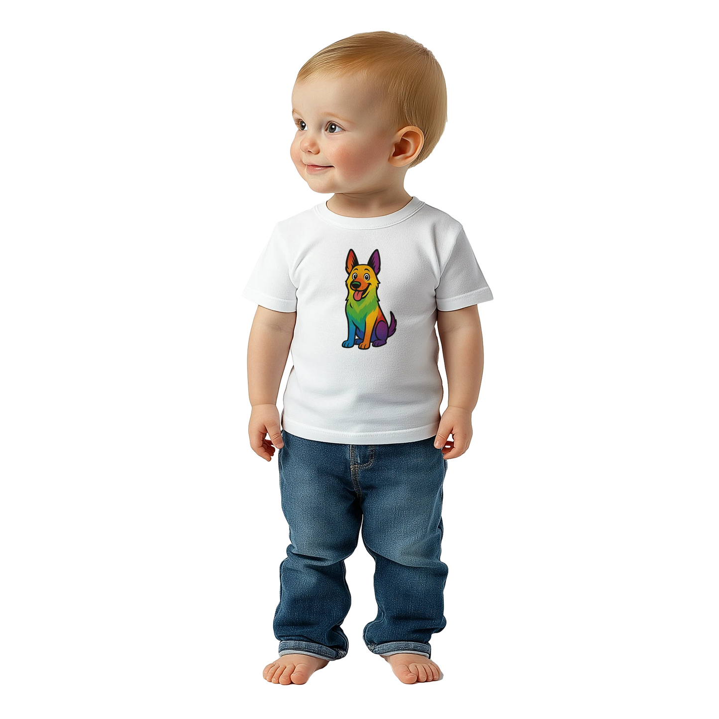 T-shirt bébé blanc coton manches courtes Malinois arc en ciel