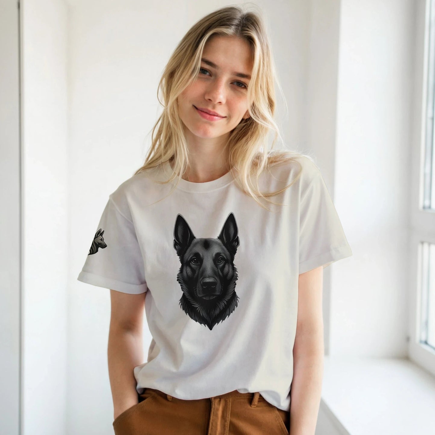 T-shirt adulte unisexe classique ras du cou blanc tête Malinois argenté