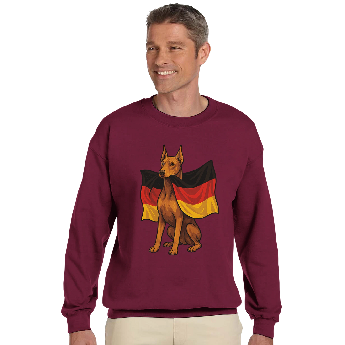 Sweat-shirt adulte unisexe classique ras du cou rouge Dobermann+drapeau