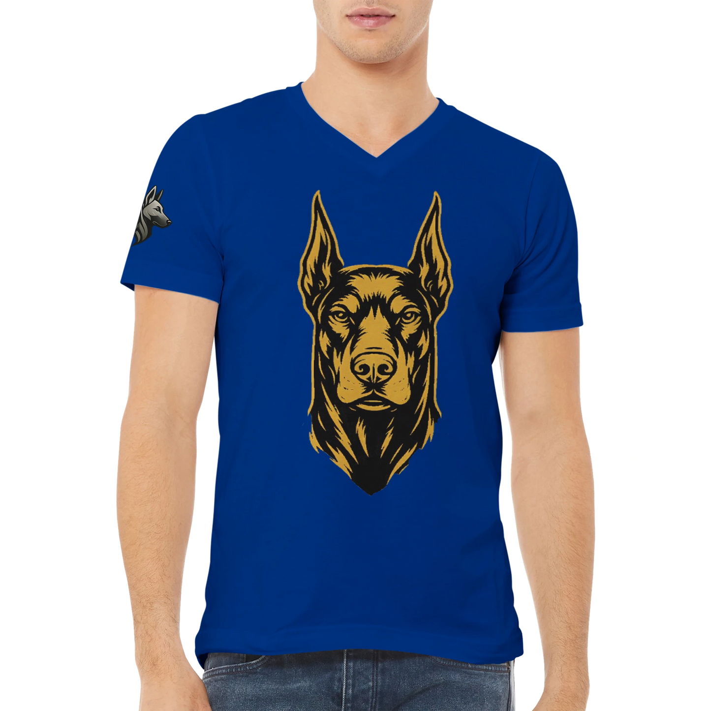 T-shirt adulte unisexe premium col en V bleu tête Dobermann noire/dorée