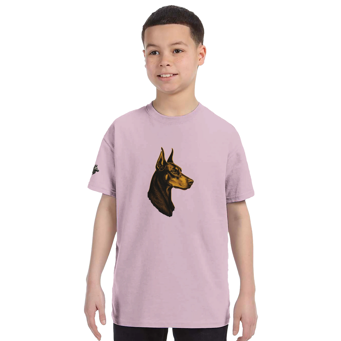 T-shirt enfant classique ras du cou tête profil Dobermann dorée avec logo sur la manche MolossDesign